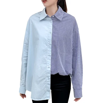 Лоскутная блуза на сини райета, женски корейски луксозни ризи с дълги ръкави, свободни розови ежедневни блузи, дамски връхни дрехи, градинска облекло