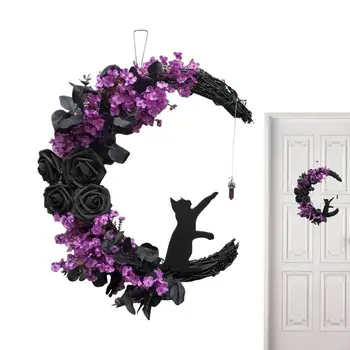 Лунен венец, черна трайно венец с котки, украса за входната врата, ръчна работа, черна котка, стенен декор, венец, готически рози, декорация за врата