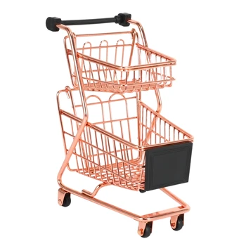 Мини-двупластова модел кошница за пазаруване, ковано желязо количка за супермаркет, метална кошница за багаж от розово злато