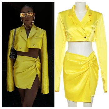 Модерен елегантен комплект прагове от мат, сатен от две части, женски сако копчета + нередовни мини поли в стил хип-хоп, съответстващ на улицата костюм