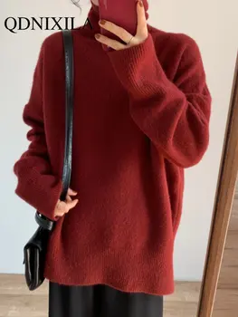 Модни върхове 2023, дамски зимни дрехи, корейски модерен пуловер оверсайз с високо воротом, без пуловер, дамски пуловер, отгоре с дълъг ръкав