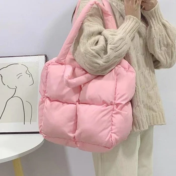 Модни памучни дамски чанти на рамо, с площ мат, ватиран дамски чанти, голямо голям зимна чанта за подмишниците, ежедневни чанти през рамо