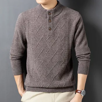 Мъжки вълнен пуловер, 100% вълна, зимна жаккардовый таблетка, дебели, с полувысоким яка, цип, модерен пуловер вязаный