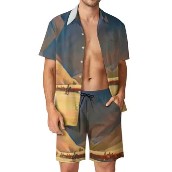 Мъжки комплекти Desert Пясъци, ежедневни риза с принтом Сахара, реколта плажни шорти, летен костюм от две части, по-големи размери