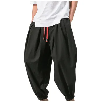 Мъжки панталони от японски памук и лен, летни обикновена дишащи ленени панталони, мъжки ежедневни скъсяване на панталони с еластичен ластик на талията
