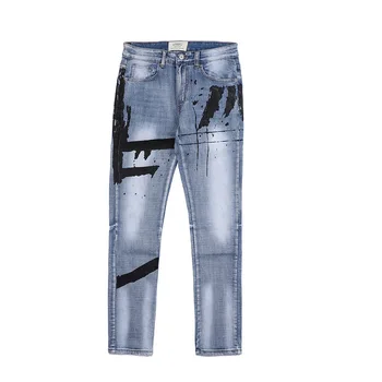 Мъжки панталони с каишка с цип, дънки, които да се лиши от стар, бели дънки с пръски мастило, мъжки панталони Y2K High Street