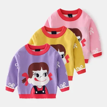 Нов пуловер с дълъг ръкав за малки момичета, детски блузи, долната риза с анимационни герои, есенен пуловер, топло дебели палта