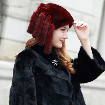 Нов стил, декоративна кожа шапка с малка опашка, зимни дамски луксозна норковая капачка, топло защита на ушите, висококачествена кожа шапка