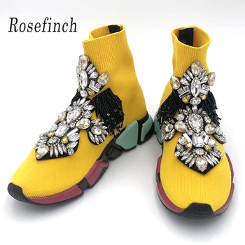 Обувки с кристали, дамски обувки, жълти обувки с камъни, жълти женски обувки на равна подметка, дамски обувки, маратонки WK95