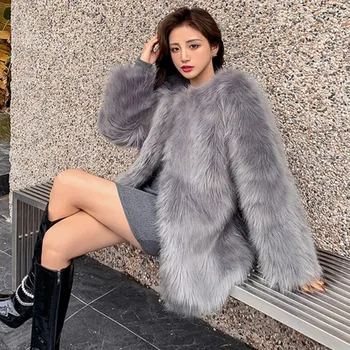 Палто от изкуствена кожа, дамски модни космати топла горна дреха с дълъг ръкав, есенно-зимно палто, яке, палто, без ворсистого яка, ново 2021 г.