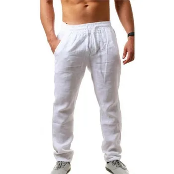 Панталони мъжки памучни ленени панталони плажни ежедневни обикновен с еластична гумена лента за кръста, свободни панталони за джогинг, големи размери на мъжки дрехи NS5587