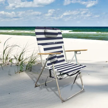 Плажен стол от дърво с раница - синьо-бял плажен стол градинска мебел