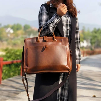 Портфейл през рамо за бизнес чанти, кожена чанта, реколта чанта 14, голяма дамска чанта за документи, лаптоп, инча