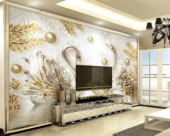 Потребителски тапети лебед водна модел 3d бижута стенни рисувана декорация на дома, хол, спалня перлено бял фон стени 3d тапети