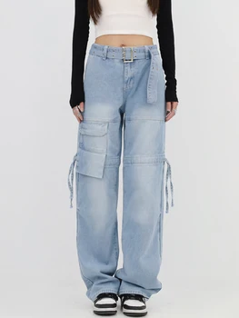 Пролет-лято, женски нова реколта дънкови панталони 2023, висока талия с колан, прав дънкови панталони, градинска дрехи, широки шикозни панталони