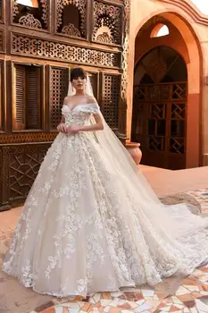 Сватбена рокля Robe De Mariee, романтична сватбена рокля с дантелен бродерия по поръчка, 2019, булчинска рокля с открити рамене, рокля с влак в параклиса