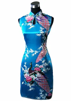 Светло Синьо Китайското Женско Мини рокля протежение чонг-sam Qipao от Вискозного Коприна в цветенце Размер S, M, L, XL, XXL J5140