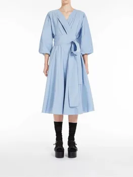 Секси синя рокля със средна дължина, дантела, една модерна женствена рокля с ръкав-фенерче, просто, с висока талия, 2023, нов летен халат и темпераментна