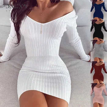 Сексуално клуб, дебнещ рокля с открити рамене и дълъг ръкав за жени 2020, зимна бяла вязаный пуловер, мини-женски рокли, Robe Femme