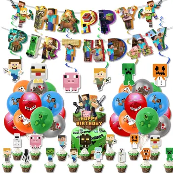 Тема игри МС Pixel Набор от украса за парти по случай рождения ден на Пиксельный боен флаг Поставяне на тортата балон Украса за първи рожден ден момиче