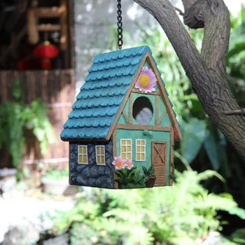 Украса за градината, декорации за дома с птици от смола, стенно изкуство, окачен птичи къща от смола
