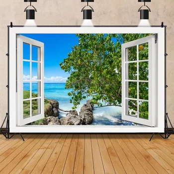 Фотореалистичный текстилен пейзаж зад прозореца, фонове, за снимки, подпори, приморско дърво, пейзаж, портрет фотофоны CH-03
