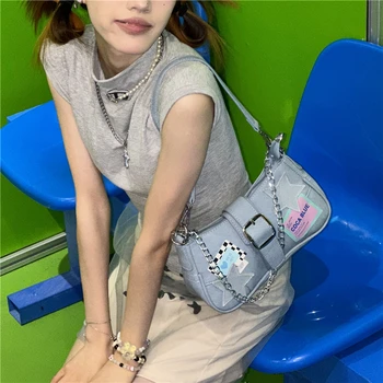 Чанта за вериги на Y2K за жени, чанта под мишниците, изкуствена кожа със сини звезди, 2023, нова мода, ретро, дамски чанта на рамото, чанта