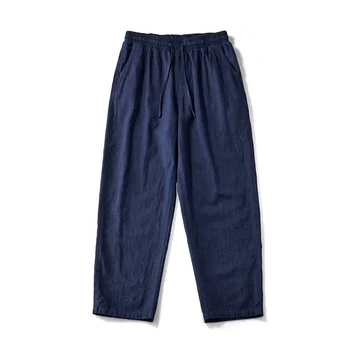 Японски ретро панталони-карго индиго, мъжки панталони-карго с много джобове, свободни широки панталони от памук и лен, четырехсезонные ежедневни директни дълги панталони