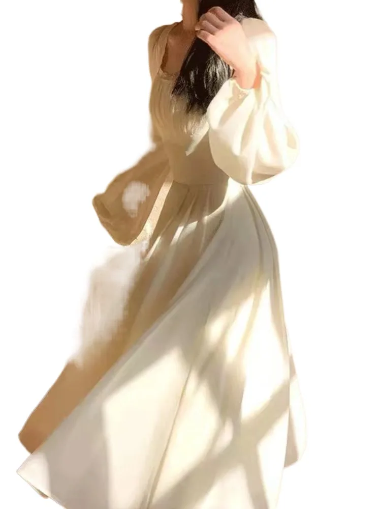 Женствена рокля с квадратна яка 2023, ново модно винтажное однотонное рокля миди с дълъг ръкав, рокли с ръкави-фенерчета във френски стил