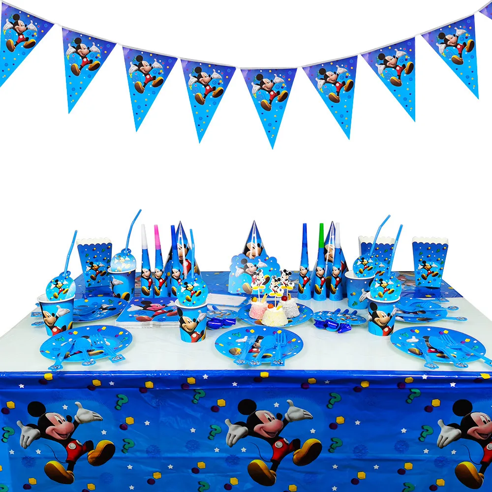 Аксесоари за парти в чест на рождения ден в синя тема с Мики Маус, набор от балони, чинии, чаши, салфетки, покривка, украса за душата на дете, деца, момчета