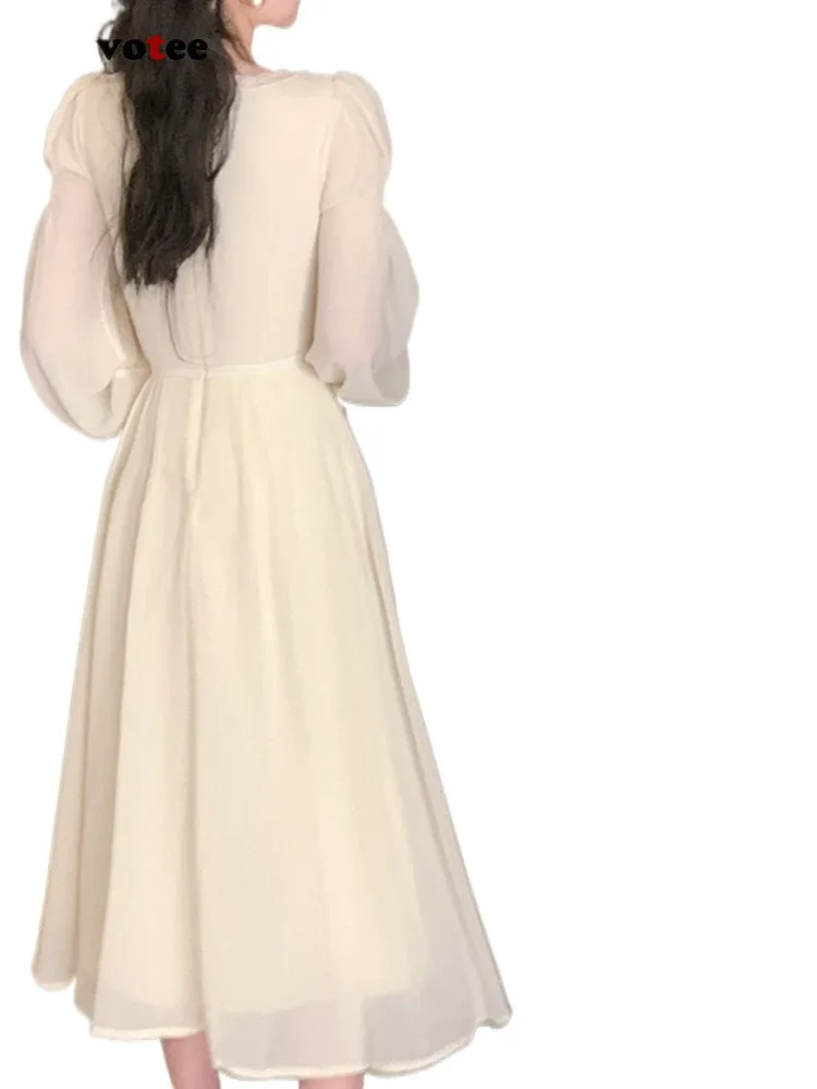 Женствена рокля с квадратна яка 2023, ново модно винтажное однотонное рокля миди с дълъг ръкав, рокли с ръкави-фенерчета във френски стил