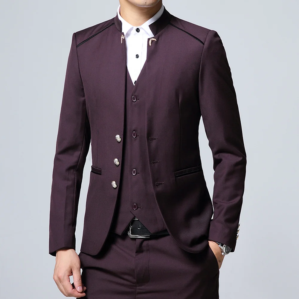 Мъжки костюм, комплект от 3 теми, оборудвана яке, панталон, жилетка за сватбен банкет, мъжки яка-часова, обикновен бизнес ежедневието на сако, палто
