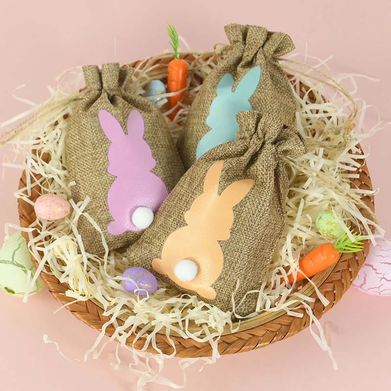 24 бр сладък заек бонбони торби от зебло памук ленена торбичка Великден Бъни шнур чанта децата Рожден Ден опаковка чанти и калъфи