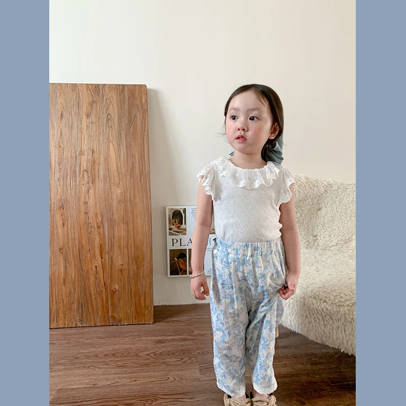 Детски панталон с корейски принтом, двуслойни панталони за момичета, детски тънки летни дишащи ежедневни панталони 2023